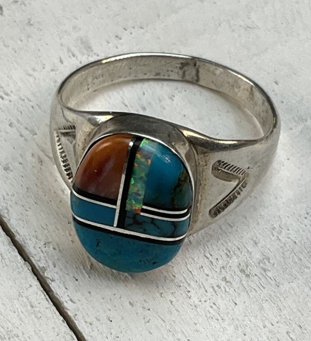Turquoise Opal Inlay Sterling Silver 925 Southwestern Ring Size 11